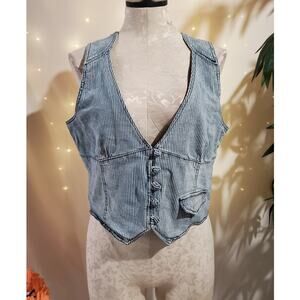 Vtg 90s Y2K Bongo Railroad Stripe Denim Button Vest Size XL Layer Grunge Stretch